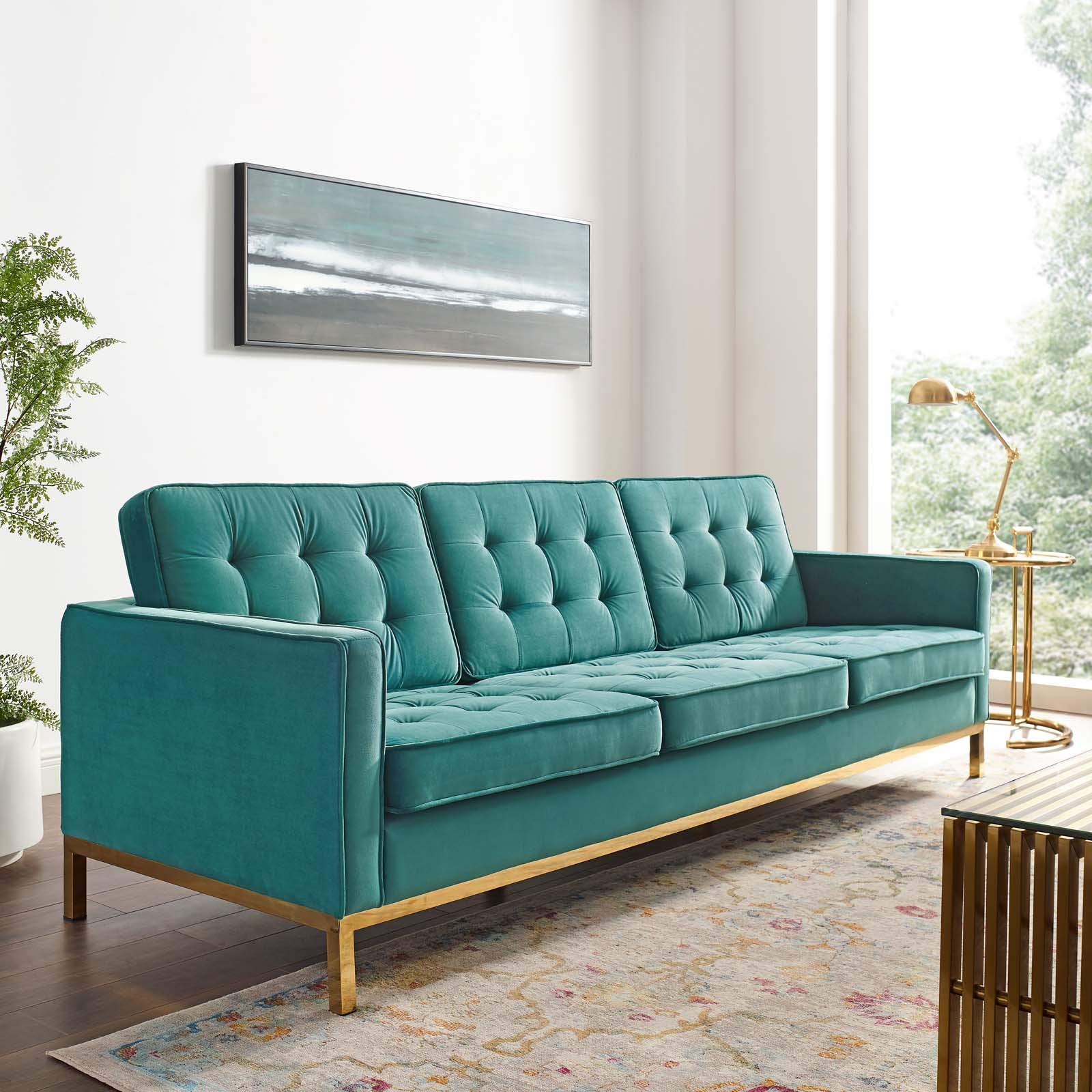 Modway Loft Tufted Button Performance Velvet Upholstered Sofa In Gold Teal